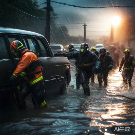 救援人员风雨救援，令人敬佩