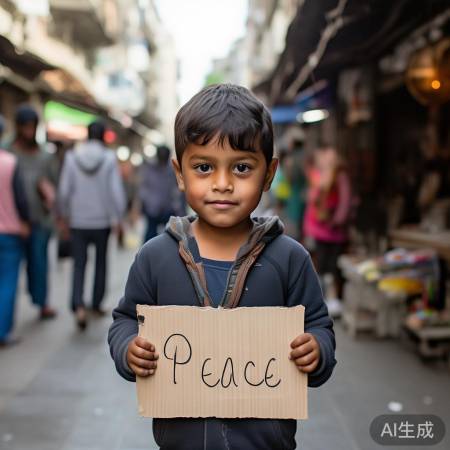 “五六岁男孩举‘和平’牌，暖人