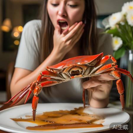 女子吃蟹咬裂牙