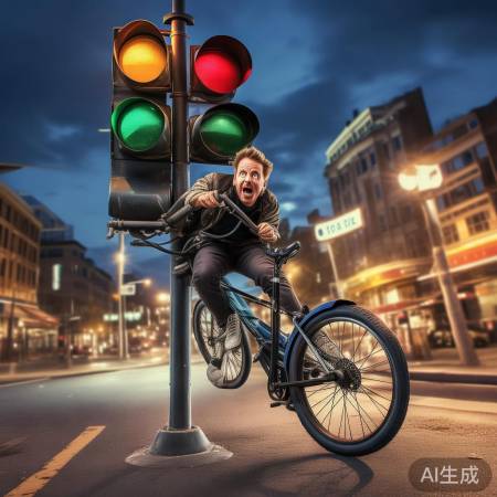 骑车玩手机，卡红绿灯杆