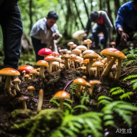 雨后蘑菇地，居民采蘑菇