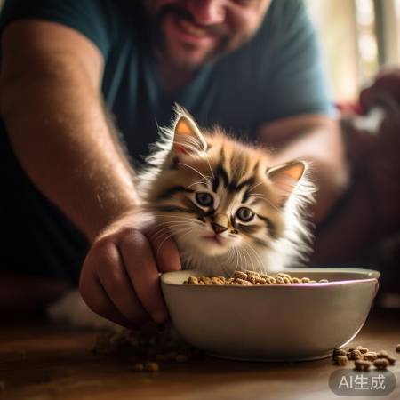 主关爱小猫，喂食抚背