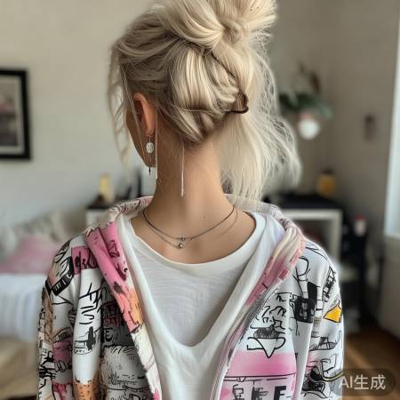 卫衣配T恤，流苏丸子头，饰品点