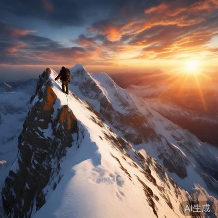 男子独攀雪山，日照奇观震撼