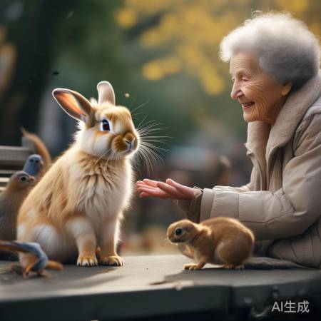 老人与小兔和谐相处