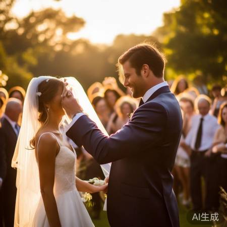 婚礼幸福时刻，头纱揭开，爱意满