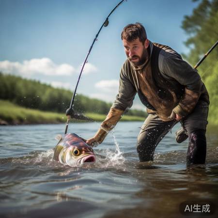 钓鱼老手钓大鱼，竿弯力大。