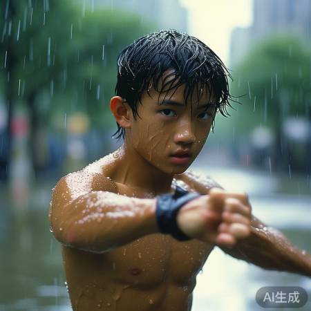 雨中练功小侠坚定眼神