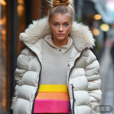 羽绒服+针织衫，层次感撞色美