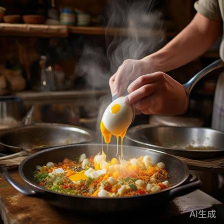 “嫩滑蛋块炒制中”