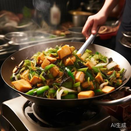 “翻炒丰富配菜入锅”