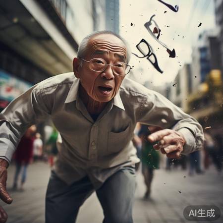 老人眼镜飞落瞬间