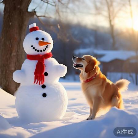 狗狗让雪人更生动,活力满满。