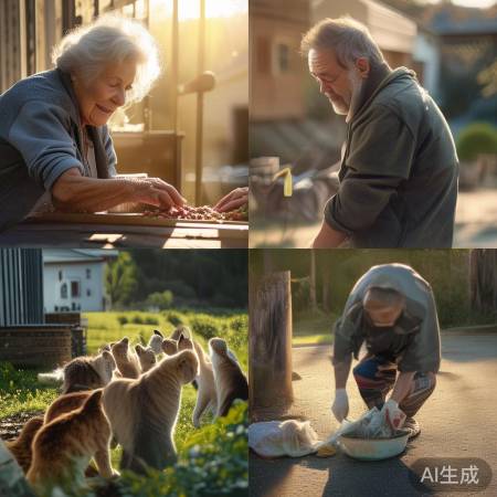 小区大妈喂猫，公园叔叔拾垃圾
