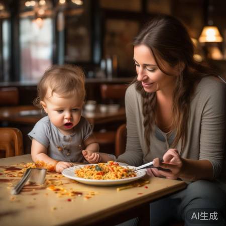 妈妈耐心帮孩子收拾餐具
