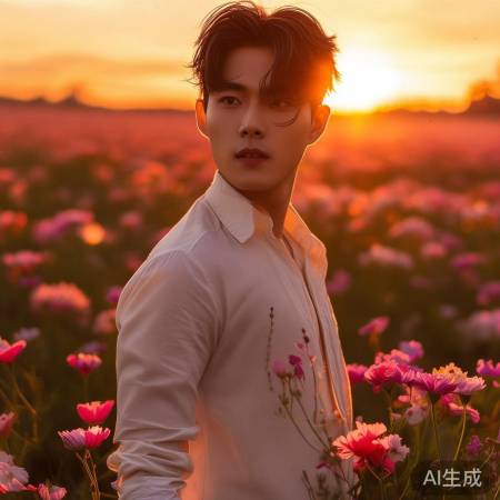 花海夕阳下，侯明昊帅气浪漫