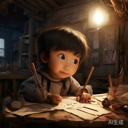 童趣创意，笔用筷子蘸墨