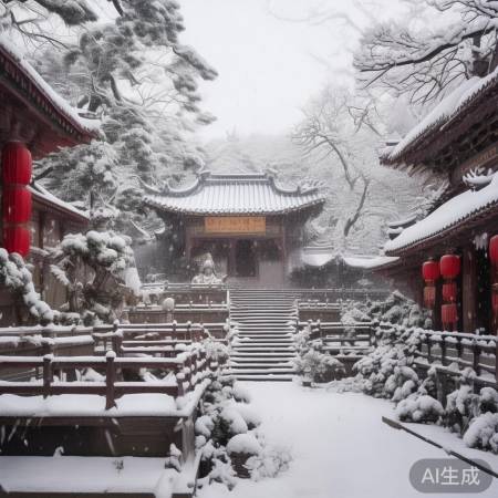 古刹雪景披神秘面纱