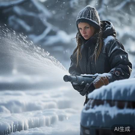 女侠零下30度洗车