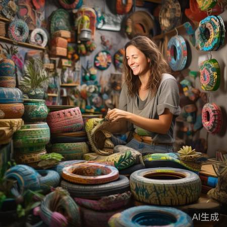 环保女将废旧轮胎变饰品