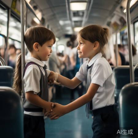 公交车上小姑娘扶摔倒小男孩
